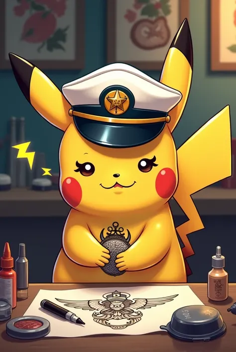 Pikachu with captain&#39;s hat making a tattoo