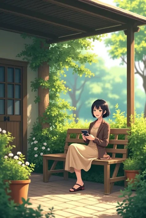 a photo of a realistic, live-action scene set in a peaceful garden, where a young woman sits on a rustic wooden bench under a simple awning. She is dressed in a light beige dress paired with a brown blazer, and her short, dark hair is styled neatly, framin...