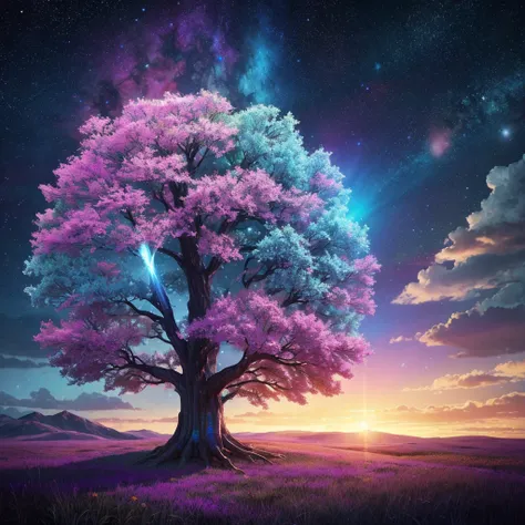 Painting of a tree with iridescent sky on background, the Tree of Life, Space Tree of life, Magic Tree, Tree of Life seed of doubt, Fantasy Tree, Tree of Life, the world Tree, Space Tree, Magic Tree, Magical colors and atmosphere, Colorful concept art, wor...