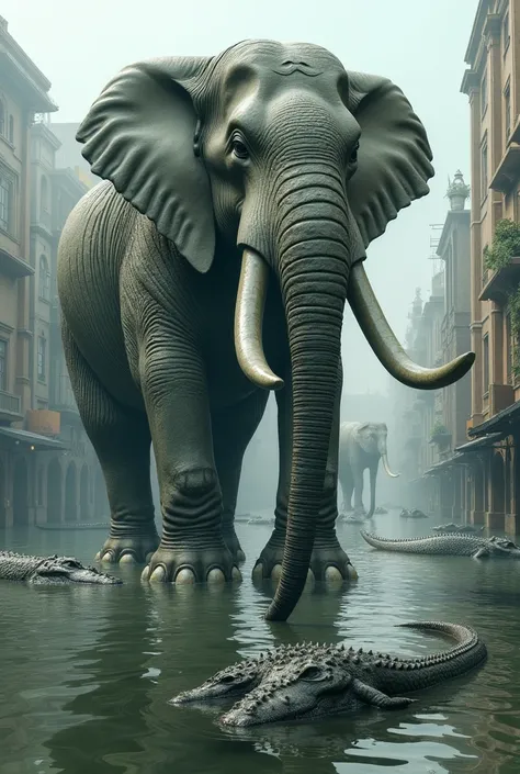 Stone elephant statue covered in water up to the trunk in the middle of flooding with waters with crocodiles in the city of Culiacan