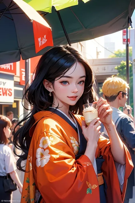 anime style, super fine illustration, highly detailed, dynamic angle, beautiful detailed, 8k, On a summer afternoon under the blazing sun in a city street, BREAK a Bust-up of a beautiful black-haired woman in a kimono smiling is enjoying a cold gelato. BRE...