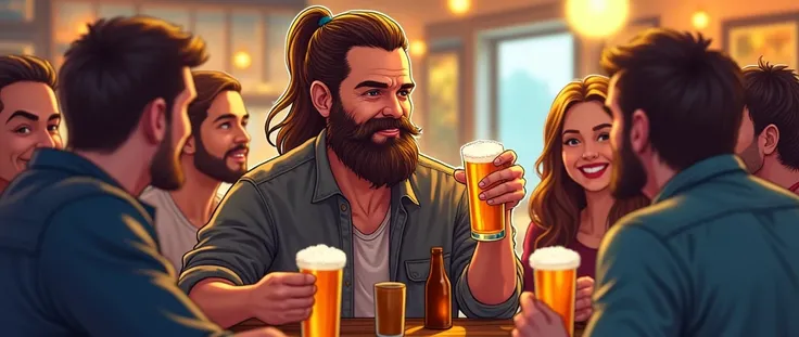 sticker of a bearded man with his hair pulled back, beer drinking, holding a beer and surrounded by friends 