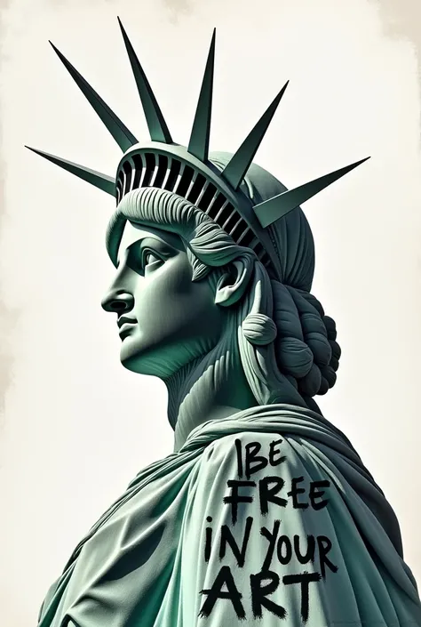 I want the side face of the Statue of Liberty that is divided in two by some paper tears on the inside with a large graffiti that says in English be free in your art