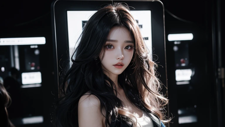 k-popアイドル、She has a single point of makeup on her face.、Black and white themed clothing、Cyberpunk feel、Beauty、The whole body is reflected、Light-colored hair、Long Curly Hair、The clothes are glowing