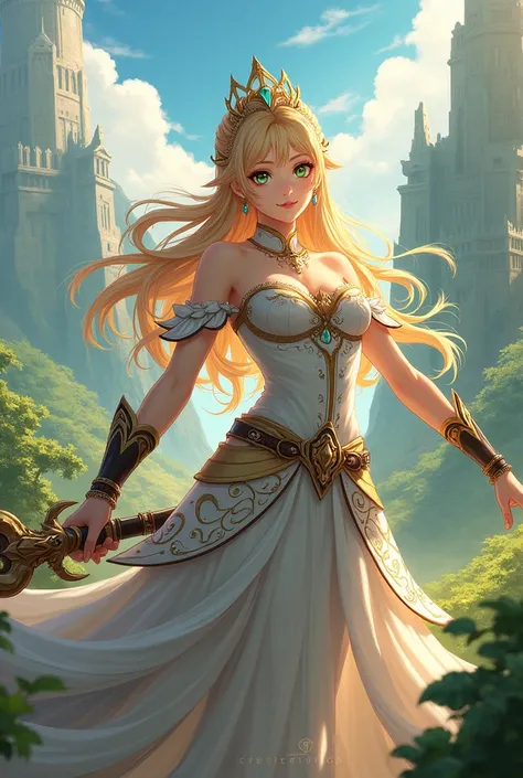 Generate a character in the style of Genshin Impact with the following characteristics, long blonde hair, green eyes, two-handed weapon, queen&#39;s outfit and a kind smile on her face 