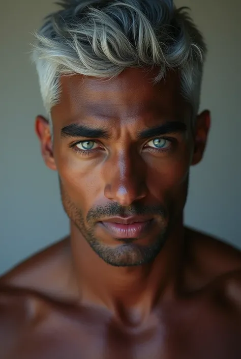 Young man with dark complexion, short silver grey hair, very light blue eyes, Defined muscles but not too much, handsome