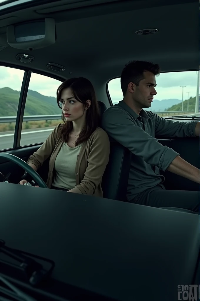 Image of a couple sitting in a car, driving in silence. The woman looks thoughtful and pensive, while the man appears concerned and focused on the road.