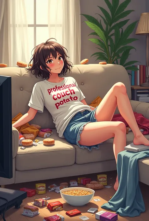 a hilariously lazy anime-style scene of a woman lounging on the couch, surrounded by a chaotic pile of snacks, clothes, and takeout boxes. She’s using her foot to change the TV channel because she’s too lazy to reach for the remote, while a half-finished b...