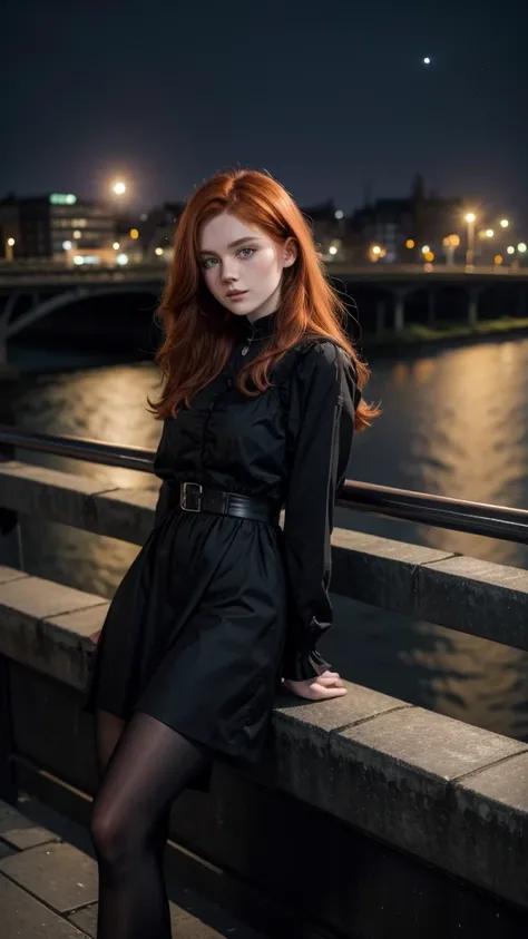 Victorian redhead Irish girl, leaning on the railing of a bridge that overlooks a road to the city center, on a waning moon night, and she is wearing black clothes