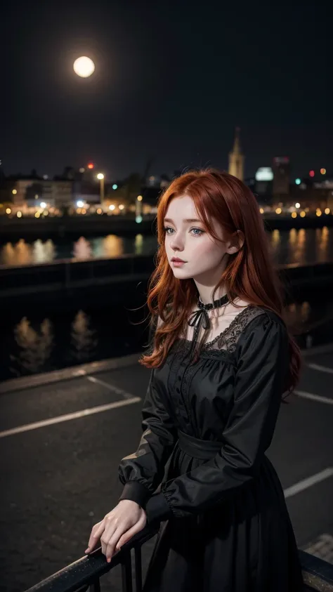 Victorian redhead Irish girl, leaning on the railing of a bridge that overlooks a road to the city center, on a waning moon night, and she is wearing black clothes