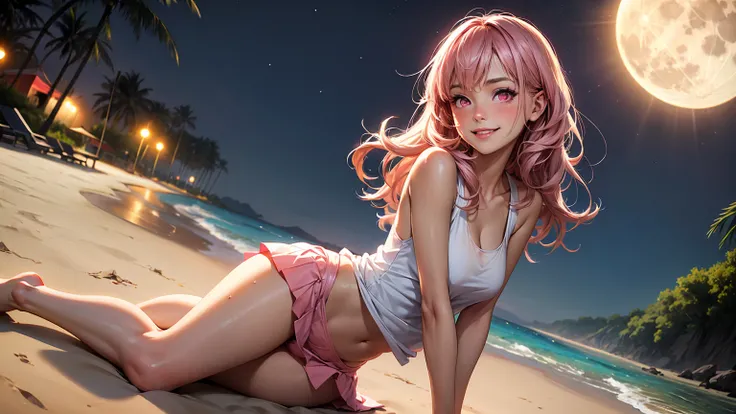 realistic, 1 girl,  long pink hair, pink eyes, glowing eyes, tank top, see through, mini skirt, big smile, blush, night, perfect, beach, moon, camel toe, wet, naked girl