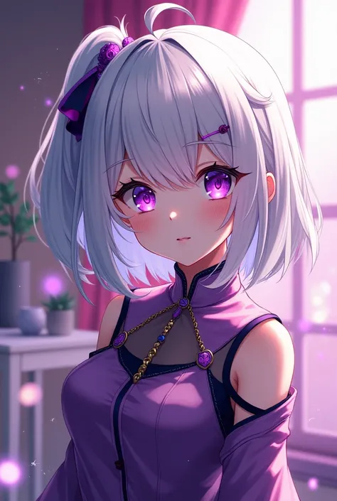 1girl, white hair, multicolored hair, purple eyes, mask on head, sidelighting, light particles, wallpaper; cô ấy đang cầm dương vật và liếm nó thật dâm đảng, tay cô ấy tự bóp ngực của cô ấy