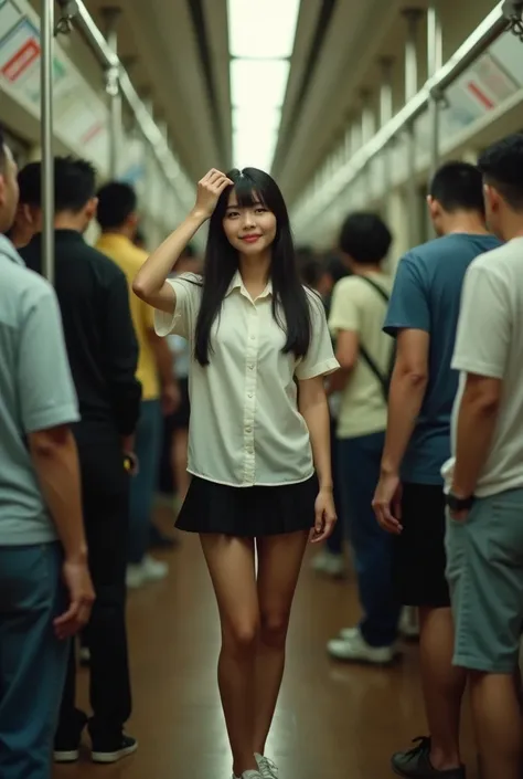 Full-length portrait of a 20-year-old Thai woman, slightly plump, with long black hair and bangs, wearing a white short-sleeved button-down shirt, a short black skirt, and white sneakers, standing next to a door on a subway, surrounded by a crowd of people...