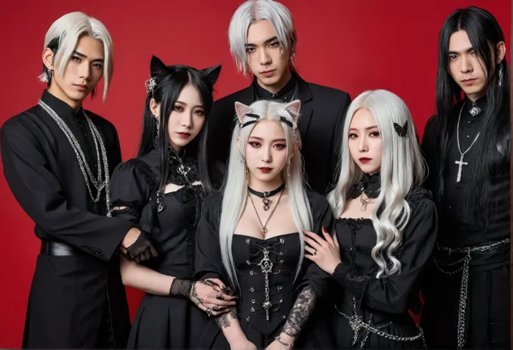 5 Japanese men and women aged 18 and 15 wearing all black gothic clothes with chain accessories and the women posing hugging, All four have different hair styles and white hair colors, red background, full body, 2 men are beside the women and one woman is ...