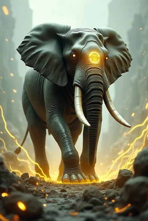 Dangerous image of elephant with robot mix eye is yellow light scatering with the 
