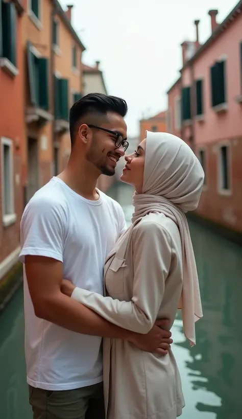 photo shoot scene, very high quality photos, handsome man from Indonesia and beautiful woman wearing a hijab, free posing in the city of Venice, romantic, vivid realistic visuals, cool and complex effects, looks real and perfect, UHD 64K, very dynamic, mal...