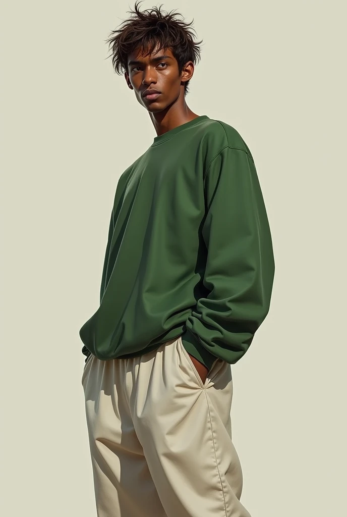 Man with brown hair, dark skin, green eyes, tall and disheveled hair, wearing white baggy pants and a green sweater 