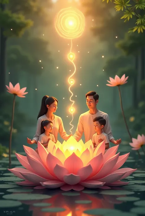 Children mom dad enlightened by meditation on lotus flower healing energy and chakras 