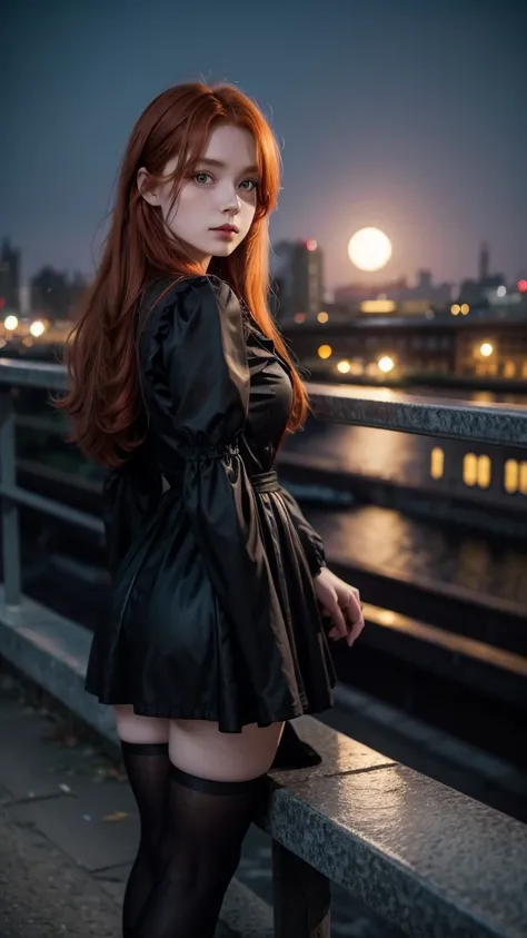 Victorian Redhead Girl, leaning on the railing of a bridge that overlooks a road to the city center, on a waning moon night, and she is wearing black clothes