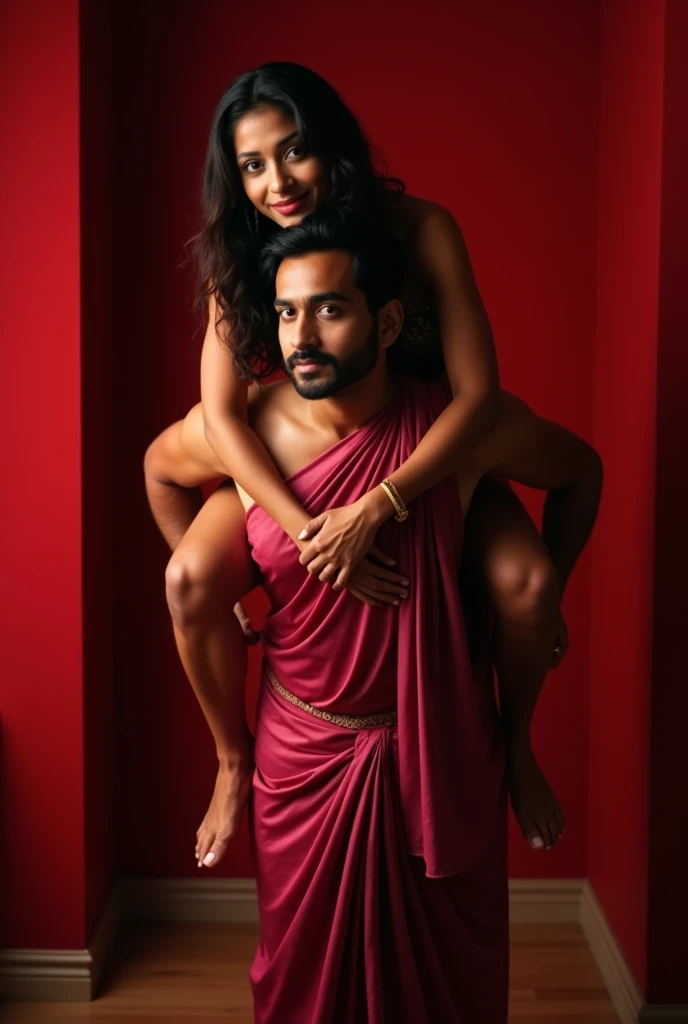 Beautiful and Slim sensual Indian woman in a dark pink silk saree lifting piggyback a large chubby man above her shoulders, man is sitting on womans shoulders, in a red light room with high ceiling, natural smile, woman is looking into the camera , she is ...