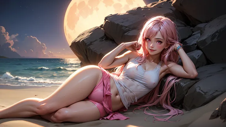 realistic, 1 girl,  long pink hair, pink eyes, glowing eyes, tank top, see through, mini skirt, big smile, blush, night, perfect, beach, moon, camel toe, wet, naked girl