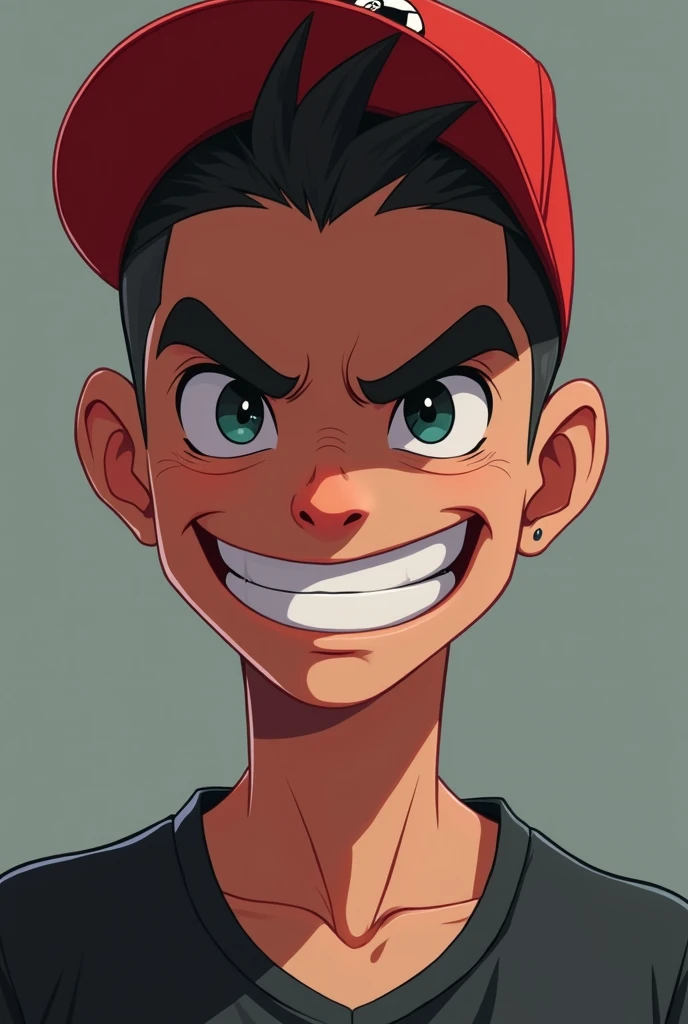 grown-up, Caucasian skin, Bblack hair, Scrawny, shaven hair, YouTube profile, with pokeball pokemon cap, 2d, Only from the neck up, evil grin 