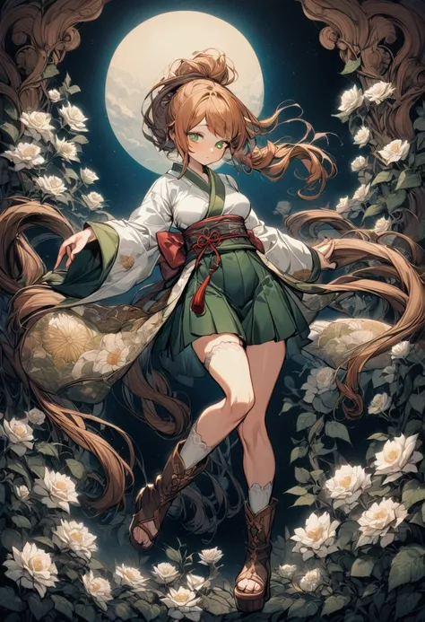 1girl with big green eyes and copper hair tied in multi-strands with white flowers and vines woven throughout. She has long eyelashes, a dainty nose, youthful features, and wears a kimono-style kesa outfit that accentuates her curves. She has middle-sized ...