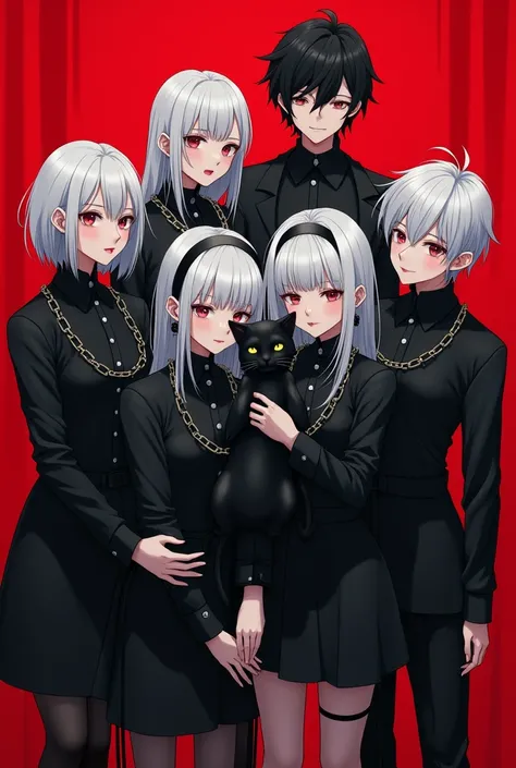 5 Japanese men and women aged 18 and 15 wearing all black gothic clothes with chain accessories and the women posing hugging, All four have different hair styles and white hair colors, red background, full body, 2 men are beside the women and one woman is ...