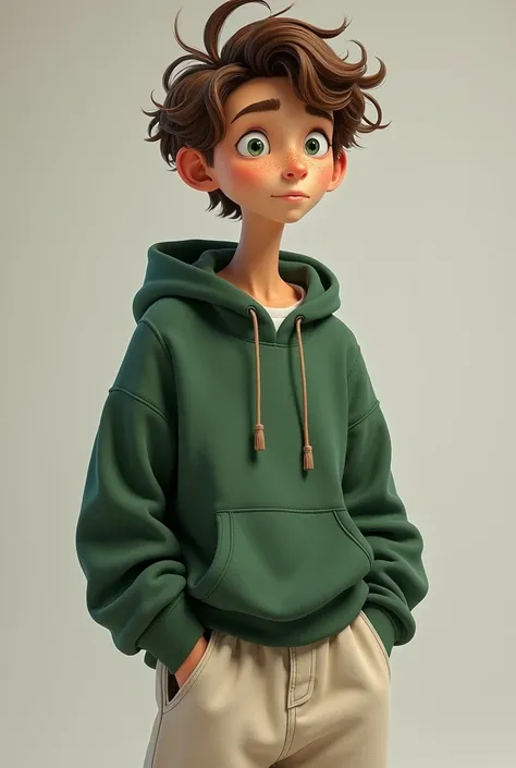 Teenage boy with brown hair with fair skin with green eyes tall and disheveled hair wearing white baggy pants and a green sweater 