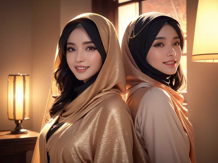 1girl, gorgeous Indonesian woman, silk abaya, hijab, smiling, shy, opened mouth, visible teeth, hot mom, full body portrait, (best quality,4k,8k,highres,masterpiece:1.2),ultra-detailed,(realistic,photorealistic,photo-realistic:1.37),HDR,UHD,studio lighting...