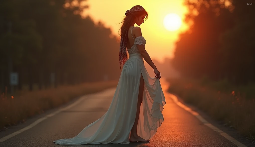 (Photorealism:1.2), Beautiful woman, Brown hairstyle, on the road, elegant dress with a white scarf on her head, White peasant style, Dark and gloomy atmosphere, Pose sideways, facing the ground, dress, Realist, Intricate details, Warm color environment, L...