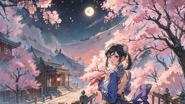 Street Fighter Chun-Li　anime　Cherry Blossoms at Night　Looking Back　moon　China dress　human　1 person 　Person big