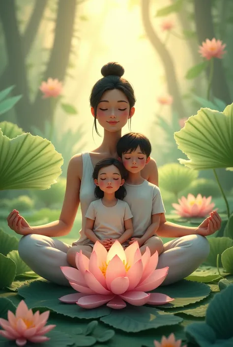 Children mom dad enlightened by meditation on lotus flower healing plants 