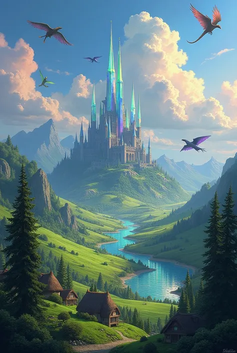 Depict a vast fantasy realm where towering crystal spires rise from the ground, casting rainbows across a landscape of rolling, emerald-green hills. In the distance, a majestic castle with soaring towers and ornate architecture sits atop a mountain, surrou...