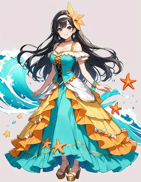 Woman, cute, adorable, full body, smiling, straight hair, long hair, black hair, standing,  full breasts, Marine Melody Idol-inspired costume, featuring motifs of seaside dreams with shells and starfish, with a color palette of turquoise and sun yellow, (o...