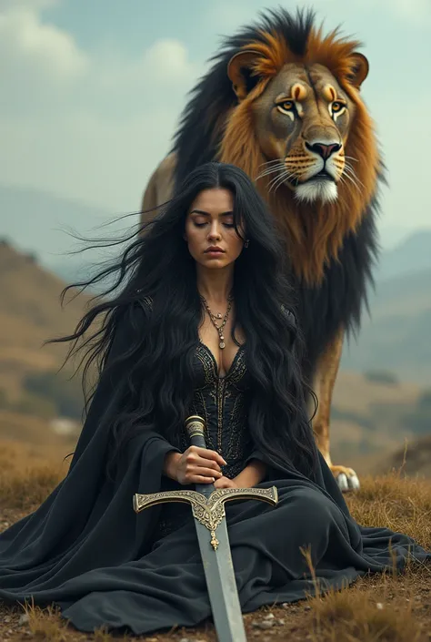 Woman with.black hair and sword lying on the ground, and lion behind 