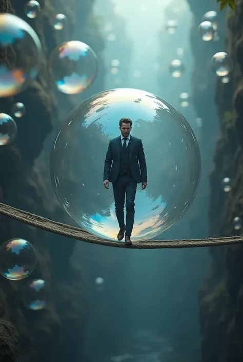 A man inside a soap bubble walking a tightrope. Below him is an abyss. Around him several soap bubbles floating.