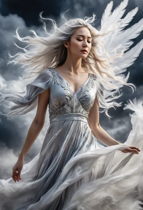 photografic 16k, portrait cadrage integral,create an exquisite ink painting of a beautiful wind sourceror and dancer with long white hair turning into clouds that dissipate into the background, long eyelashes, with feathered wings dissipating into the clou...