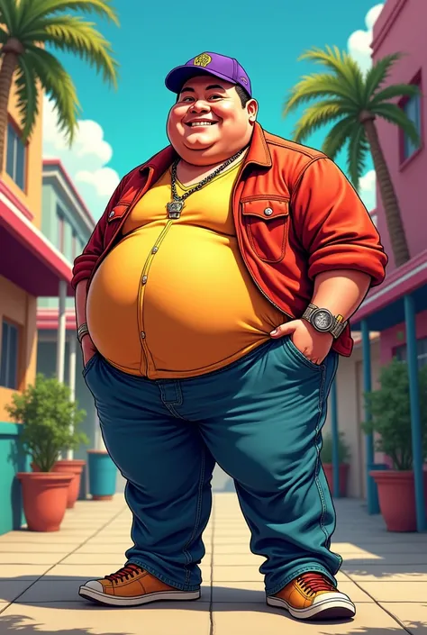 a rich 80’s-90’s filipino who’s 40 years old with a big round belly, make him look like hes from 90’s century make it look like a cartoon and make him tall