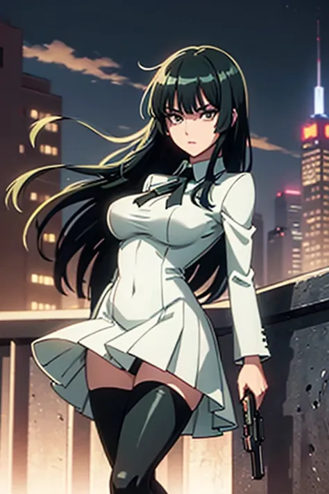 Highest quality、Ultra HD、One Woman、(Dark green long hair 1.3)、(White Suit 1.3)、(White tight skirt 1.3)、(Black tie)、(Black loafers 1.1)、((tall))、((1 who has a gun.2))、(Large Breasts)、(Black knee-highs 1.2)、(Beautiful face with sharp eyes 1.2)、40-year-old wo...