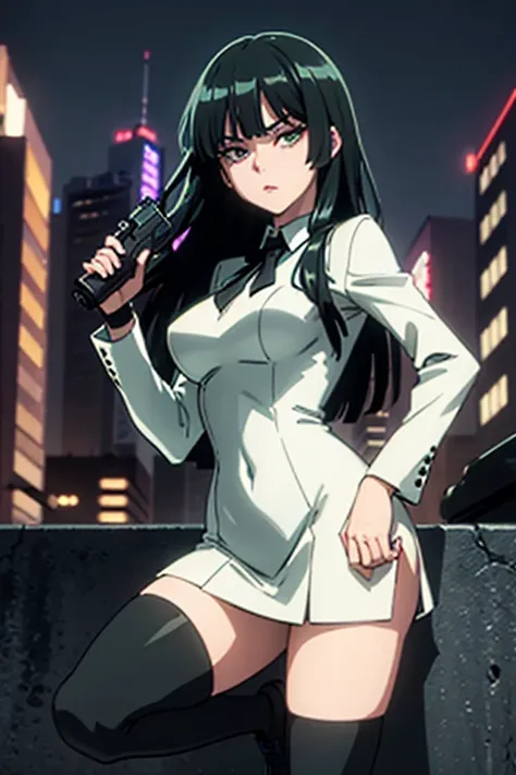 Highest quality、Ultra HD、One Woman、(Dark green long hair 1.3)、(White Suit 1.3)、(White tight skirt 1.3)、(Black tie)、(Black loafers 1.1)、((tall))、((1 who has a gun.2))、(Large Breasts)、(Black knee-highs 1.2)、(Beautiful face with sharp eyes 1.2)、40-year-old wo...