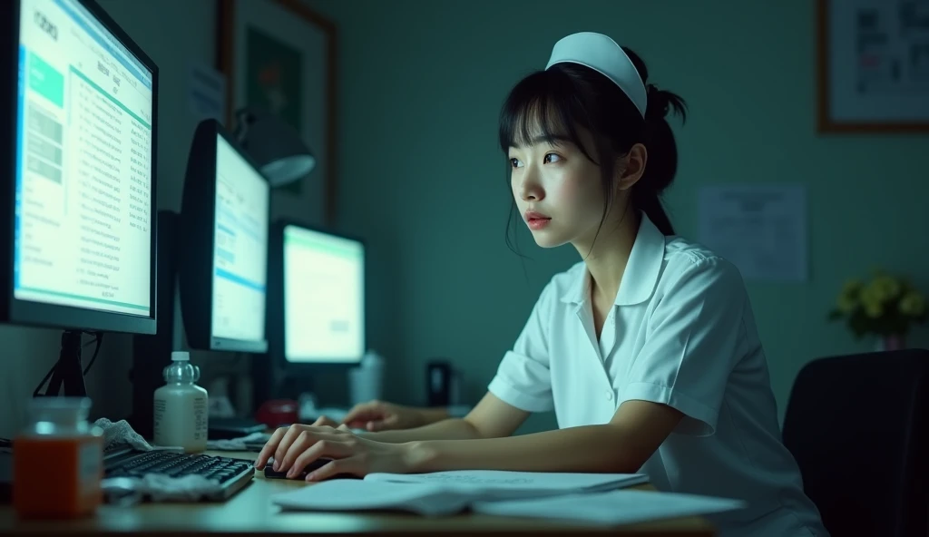 Create an image of an Asian female nurse addicted to online gambling