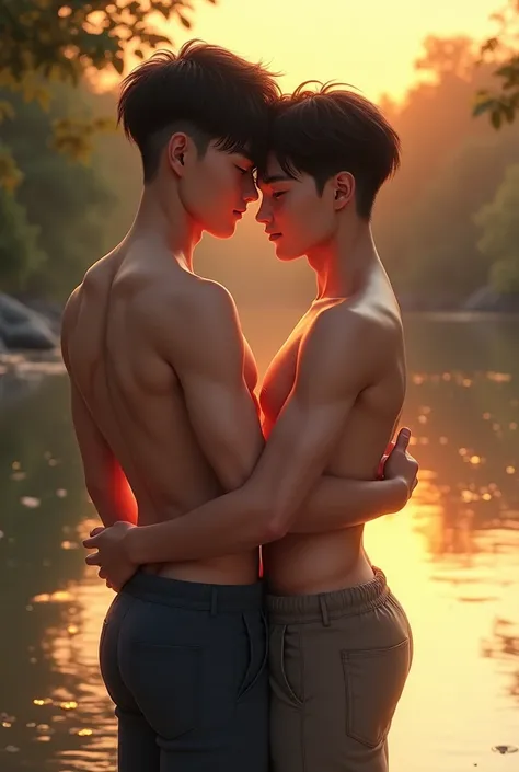 Two slim attractive Asian male teenagers no cloths touching each other&#39;s butts while in the river at sunset time