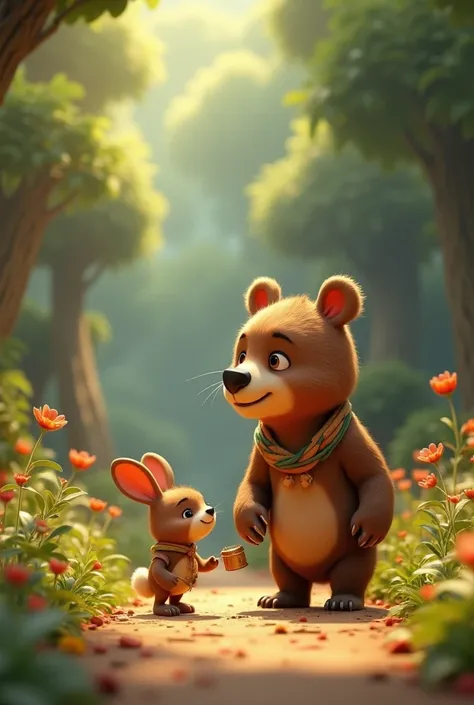 Need 3D animation style"
The Real Treasure:** Create a story where bear and rabbit set out to find a legendary treasure but discover that the real reward is something unexpected that changes their community or themselves