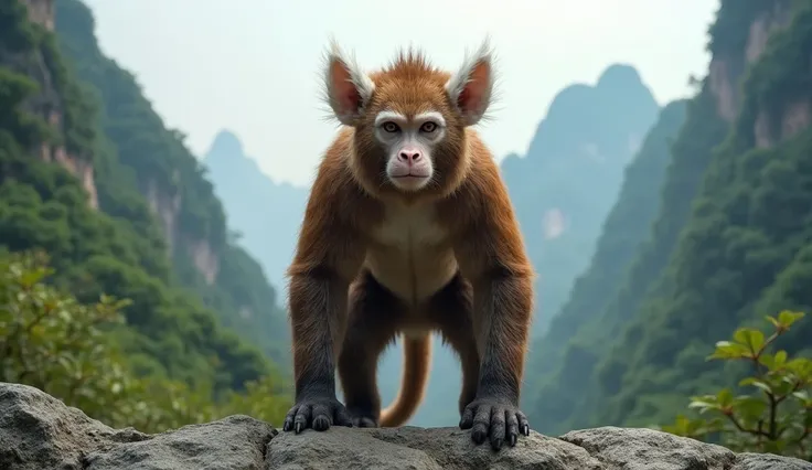 Panoramic front view，There is a wild beast in the mountains of Guilin，Looks like a brown monkey but has white ears，Standing upright like a human（best quality，4K，8k，High level，masterpiece：1.2），Ultra Detailed，（lifelike，Photo real，Photo real：1.37）