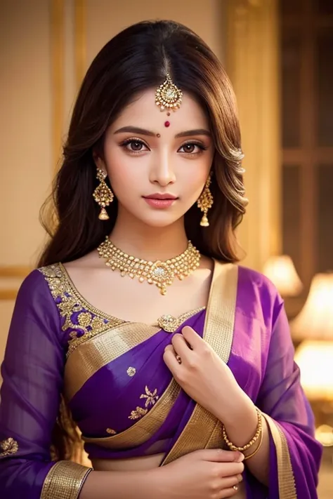 A gorgeous girl in a purple saree, elegant clothing, shyly looking at the viewer, sensual, 1girl, beautiful detailed eyes, beautiful detailed lips, extremely detailed face, long eyelashes, soft lighting, warm colors, cinematic, highly detailed, intricate, ...