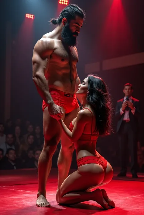 A young Puerto Rican man with a beard, hairy, strong and muscular, in red underwear, having her thighs kissed by a beautiful woman in red panties crouching in front of her, in performance on a stage of a television program presented by a famous presenter w...