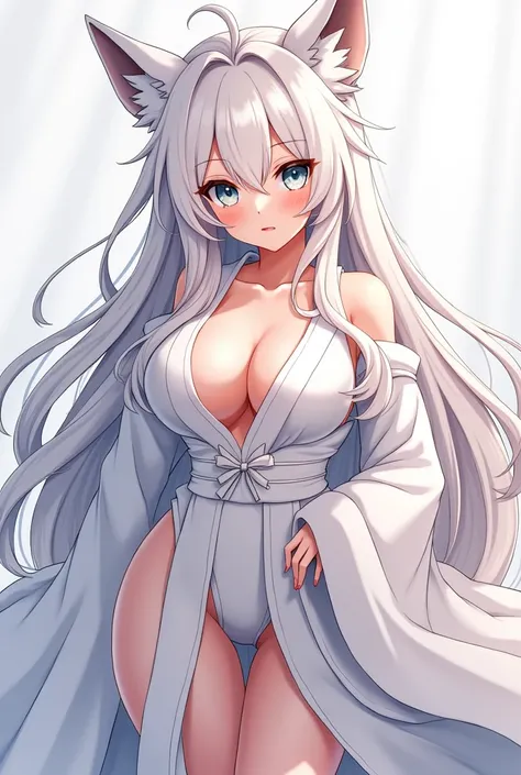 Draw an 1 girl with a curvy body, size G tits, white hair and fox ears, wearing white miko clothes in an anime style 