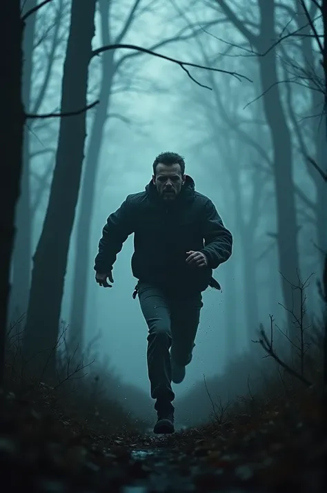 Man running desperately in the forest at night with heavy fog