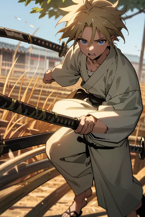 masterpiece quality, perfect generation, sclera, detailed eyes, skin, blonde messy hair, muscular, ronin clothing, excited expression, katana, trees , full body, olive skin, adult, rice field background, male, facing viewer, standing outside,